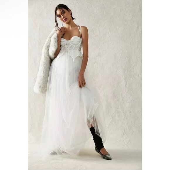 NEW For Love and Lemons x Free People Lily Corset Chiffon Maxi Dress White Small - Picture 15 of 15